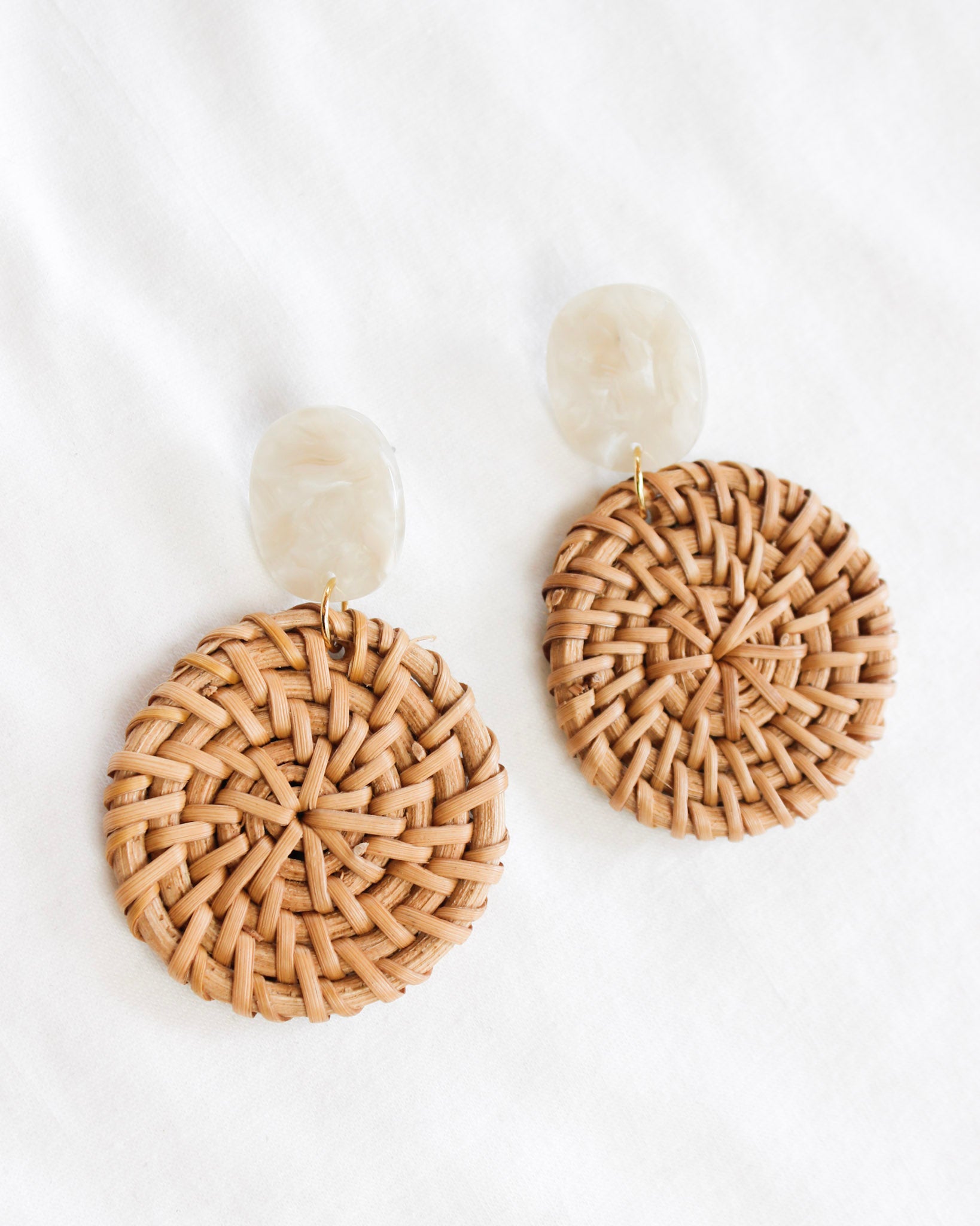 Boho style statement earring with marble oval into weave basket round circle and gold accents 