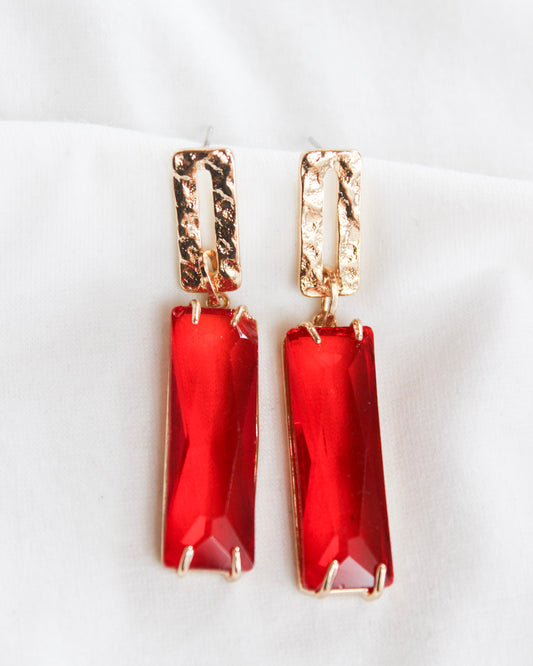 Shiny gold dangle statement earrings with rectangle red gem  