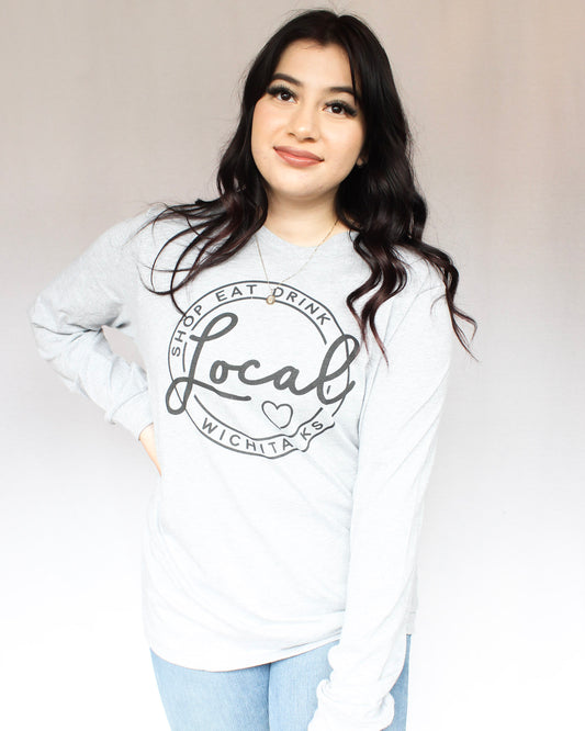 Shop Eat Drink Local Wichita, KS graphic long sleeve tee grey with black lettering