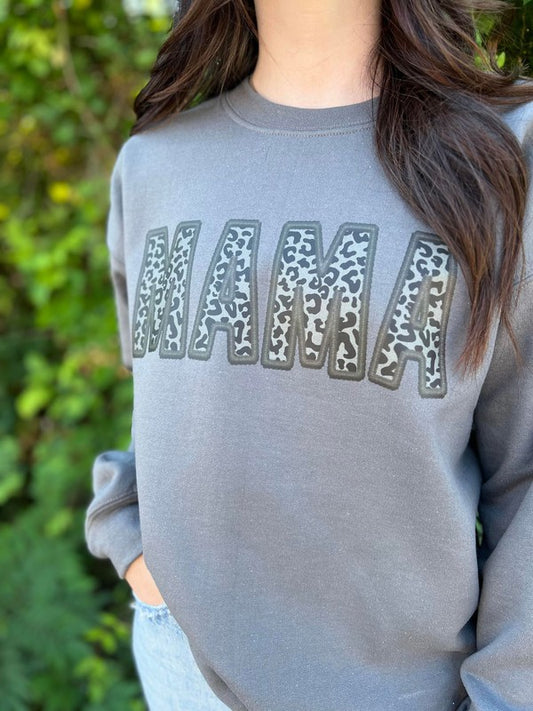 Faux Embroidery Leopard Mama Sweatshirt - Curves