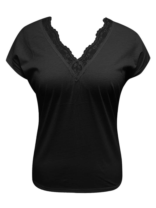 Lace Detail V-Neck Short Sleeve Blouse - All Sizes