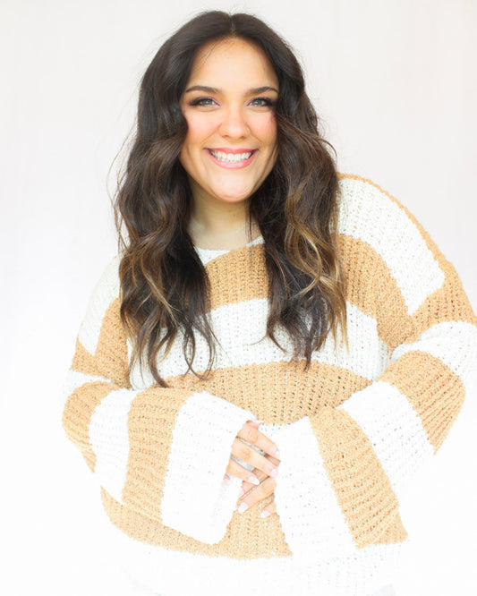 Soft fuzzy yellow and white thick striped sweater with flare sleeves and v-neckline