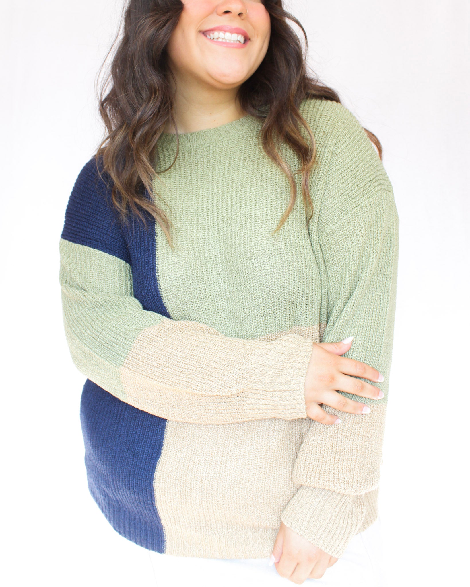 Colorblock lightweight full length sweater with green, blue, and tan