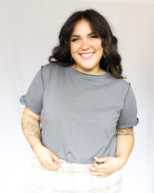 Everyday casual easy grey crop top with rough hem detailing 