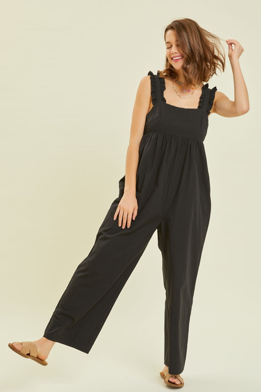 Ruffled Strap Back Tie Wide Leg Jumpsuit - All Sizes