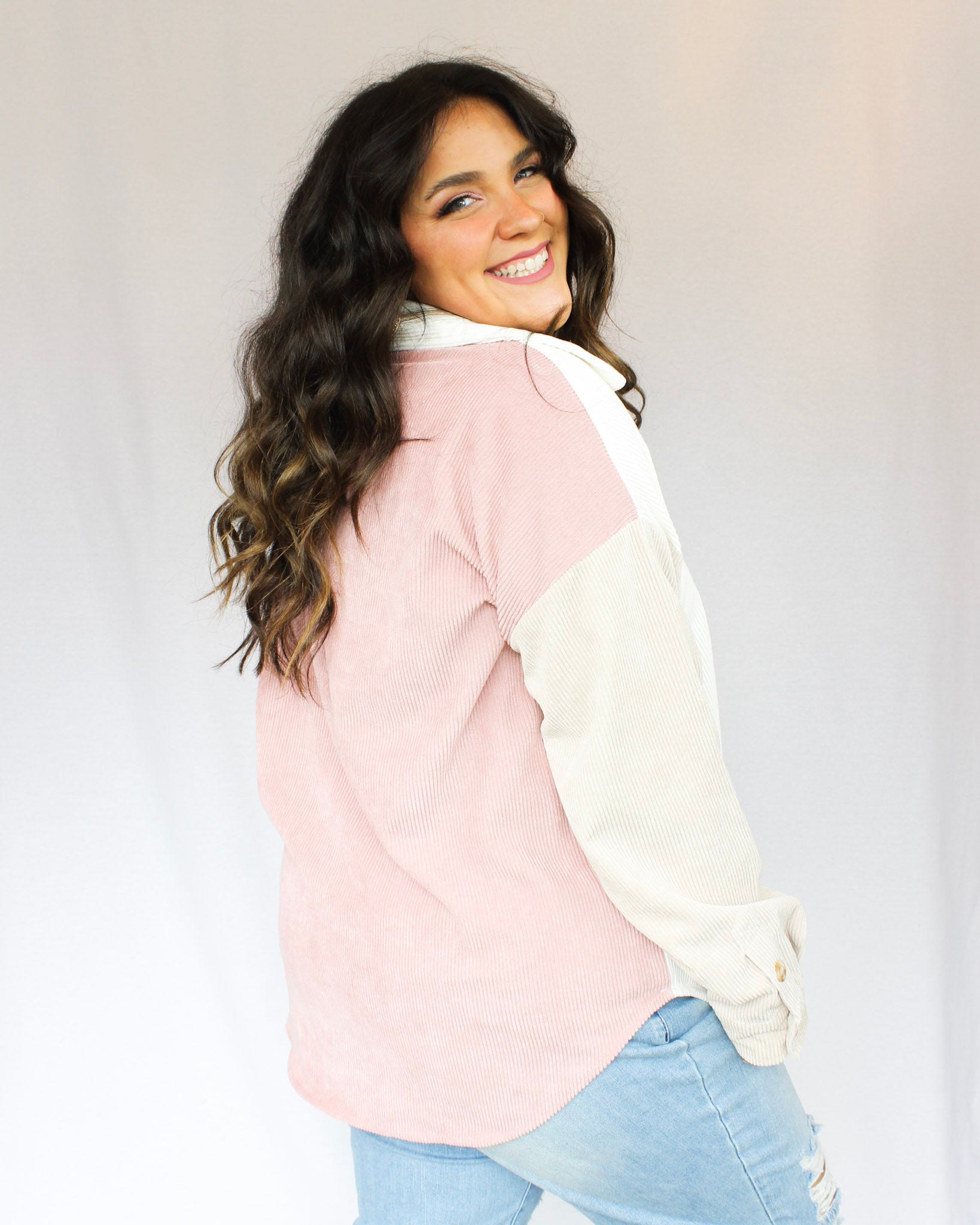 color block button up corduroy top with tortoise buttons, full length, left chest pocket, back is fully blush pink