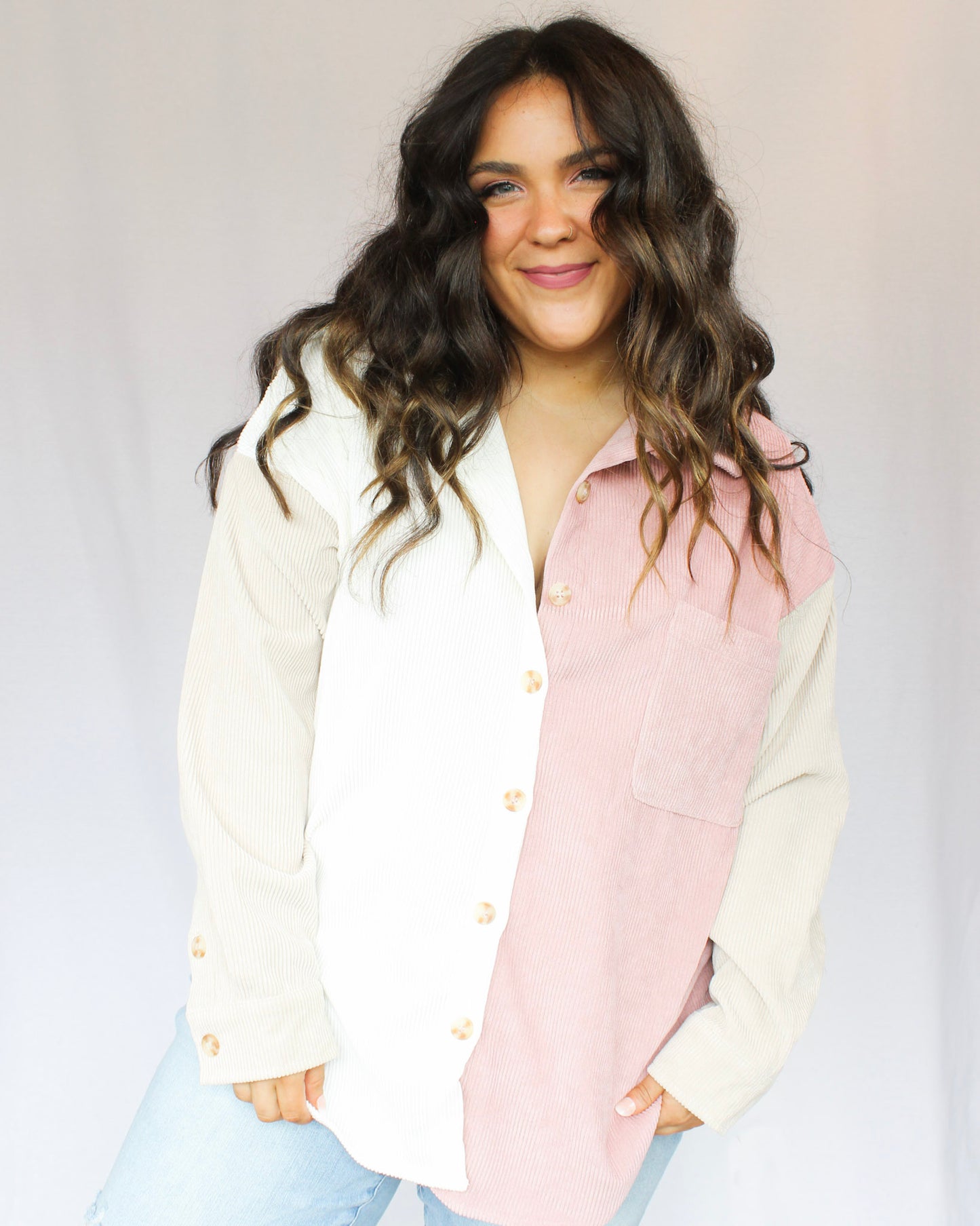 Blush pink, tan, and cream color block button up corduroy top with tortoise buttons, full length, left chest pocket
