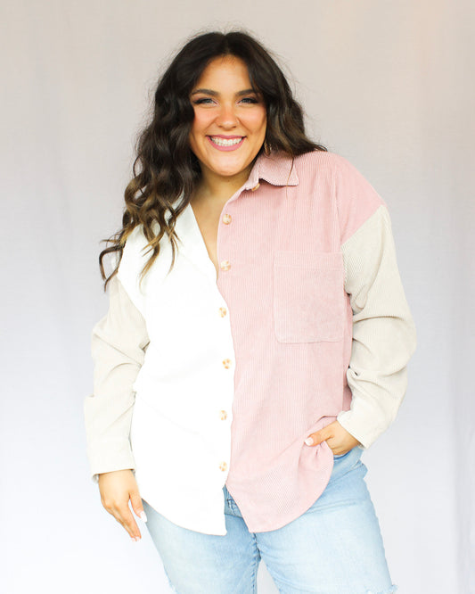 Blush pink, tan, and cream color block button up corduroy top with tortoise buttons, full length, left chest pocket