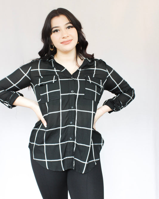 Black with white stripes grid design, collared neckline, breathable sheer fabric, full length top with two chest pockets