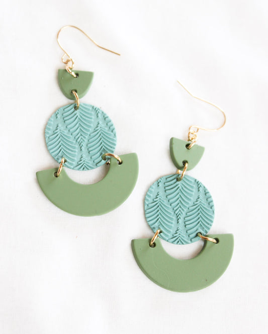 Blue and Green dangle statement earrings geometric designs and gold accents