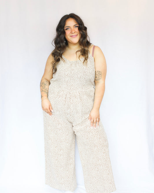Small leopard print wide leg jumpsuit with adjustable spaghetti straps and scoop neckline
