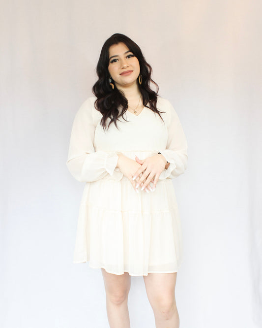 Shimmer cream mini dress with balloon long sleeves tiered flowy skirt v-neckline 