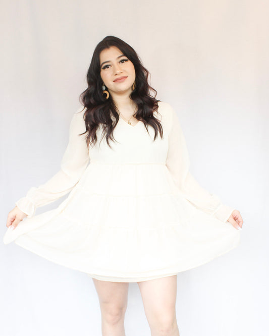 Shimmer cream mini dress with balloon long sleeves tiered flowy skirt v-neckline 