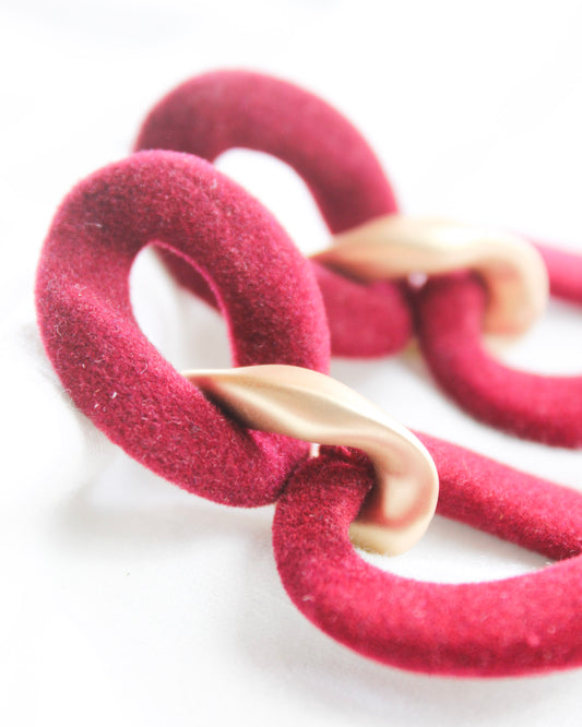 Velvet red chain statement earrings with gold middle chain