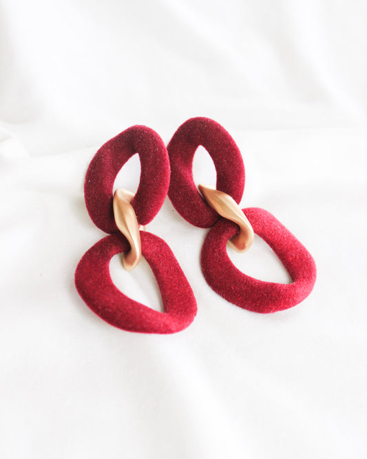 Velvet red chain statement earrings with gold middle chain
