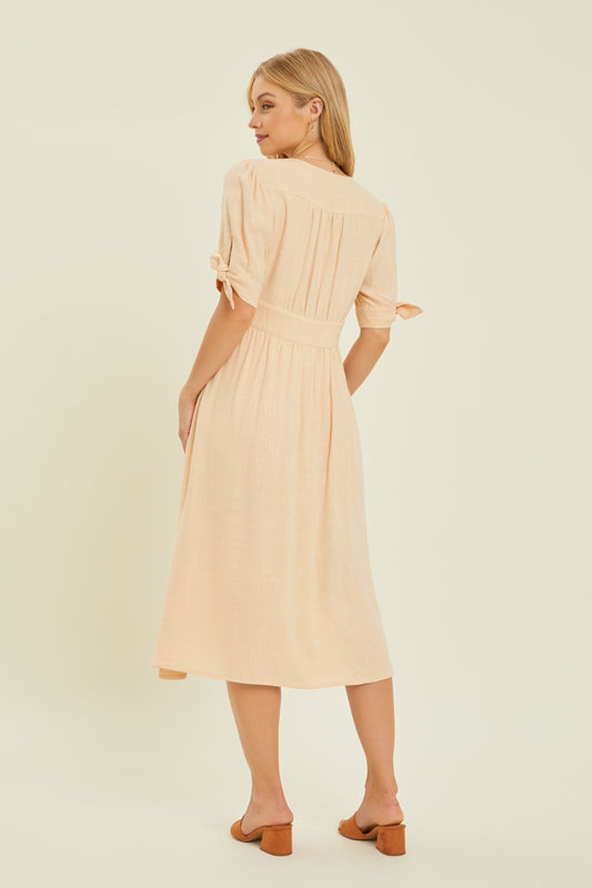 Textured Linen V-Neck Button-Down Midi Dress - All Sizes