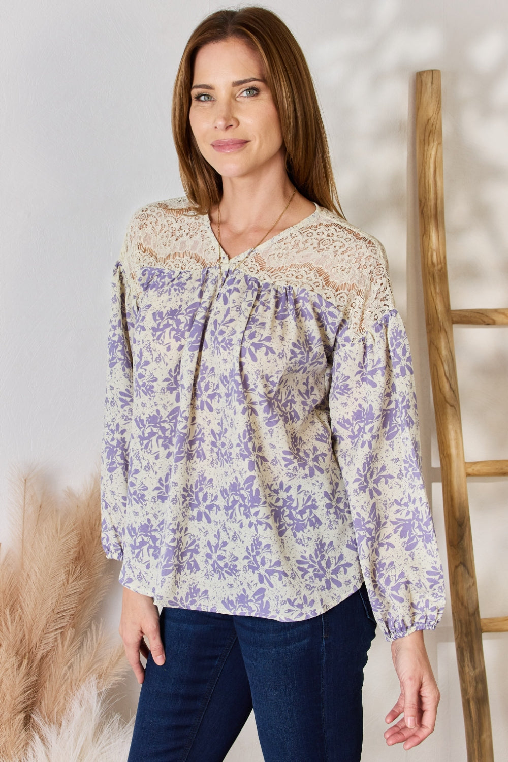 Lace Detail Printed Blouse - All Sizes