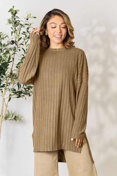 Ribbed Round Neck Long Sleeve Slit Top - All Sizes