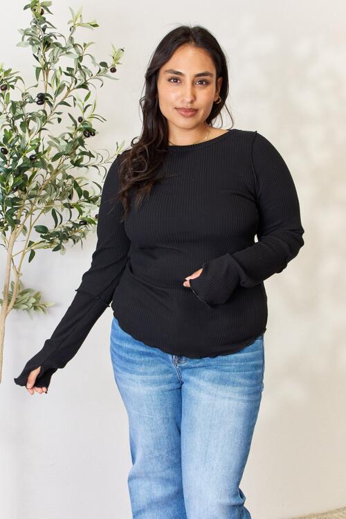 Ribbed Round Neck Long Sleeve Top - All Sizes