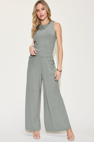 Ribbed Tank and Wide Leg Pants Set - All Sizes
