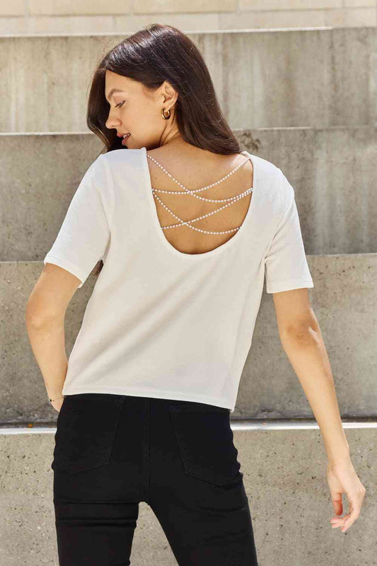 Criss Cross Pearl Detail Open Back T-Shirt - All Sizes