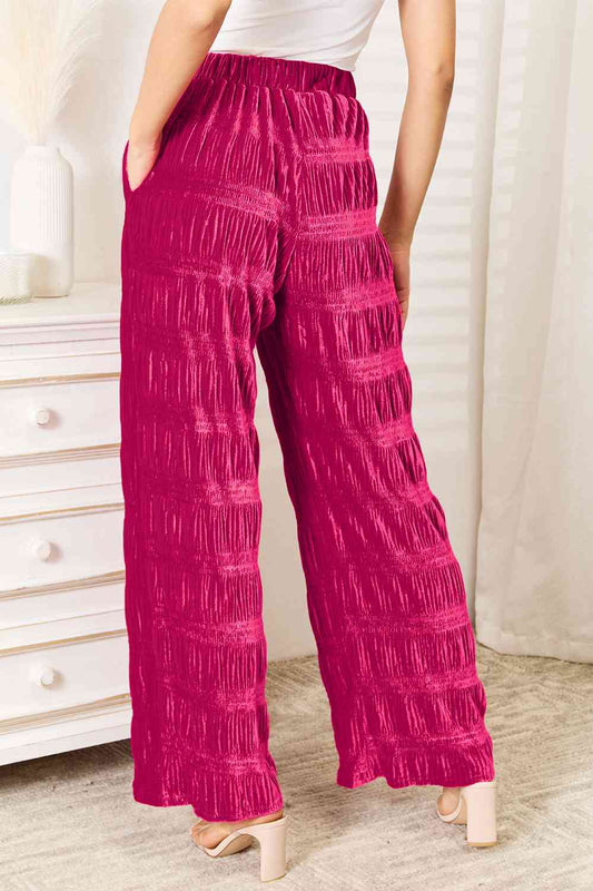 High Waist Tiered Shirring Velvet Wide Leg Pants - All Sizes