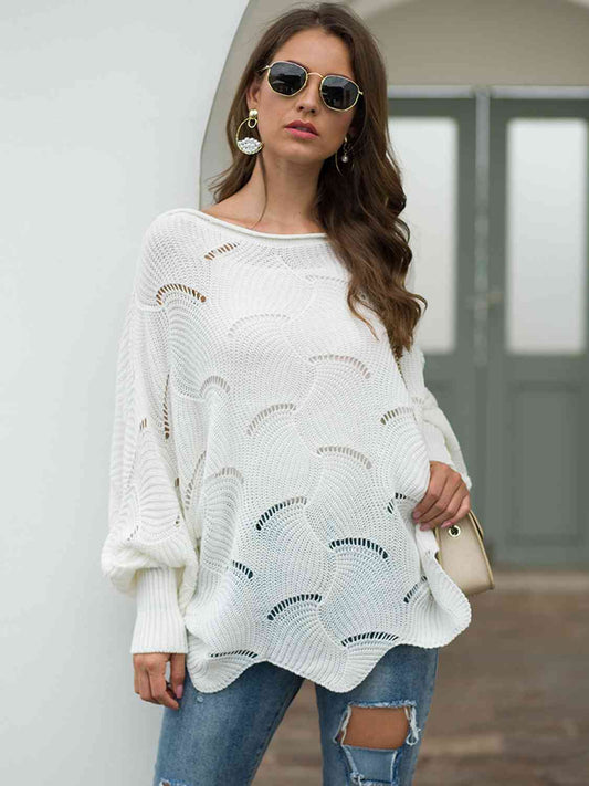 Boat Neck Lantern Sleeve Openwork Knit Top - All Sizes