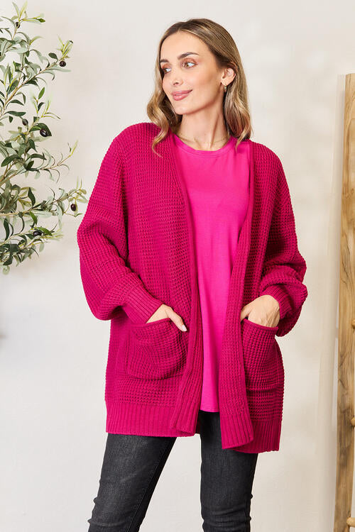 Waffle-Knit Open Front Cardigan - All Sizes