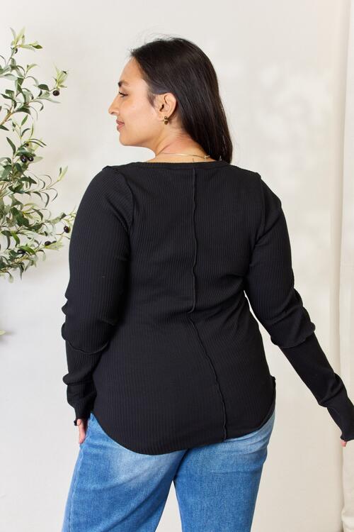 Ribbed Round Neck Long Sleeve Top - All Sizes