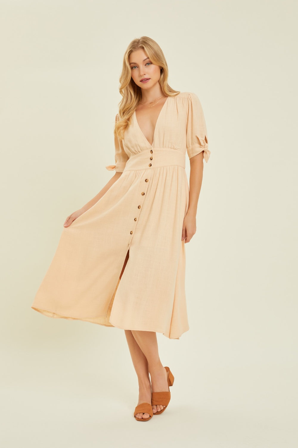 Textured Linen V-Neck Button-Down Midi Dress - All Sizes