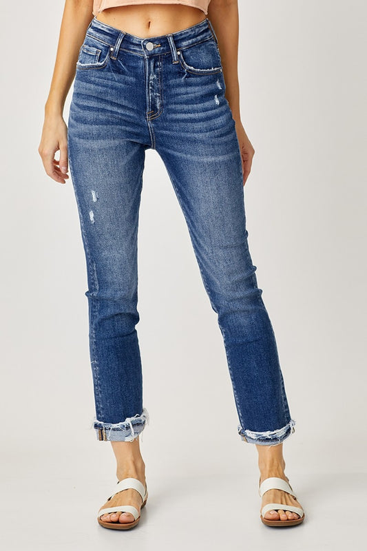 Risen High-Rise Frayed Cuffed Straight Jeans - All Sizes