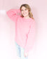 Bright pink thick sweater with ribbed hem round neck and raglan balloon sleeves 