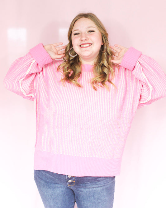 Oversized pink sweater with cream stripes roll up sleeves super soft