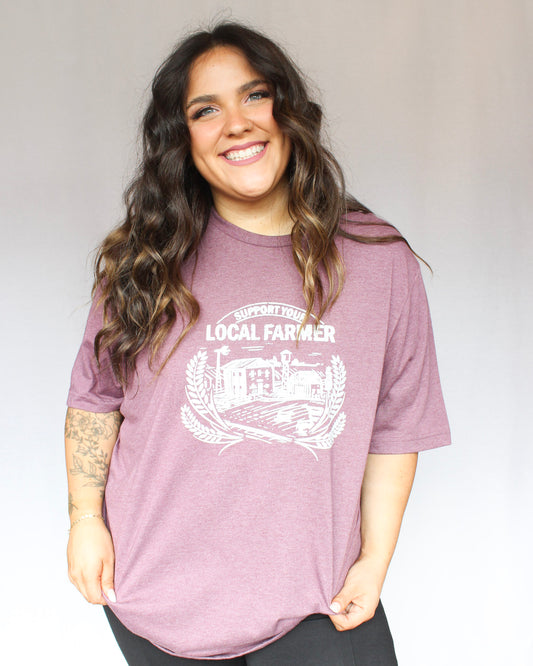 Purple Support Your Local Farmer graphic tshirt with farm photo all in a light grey 