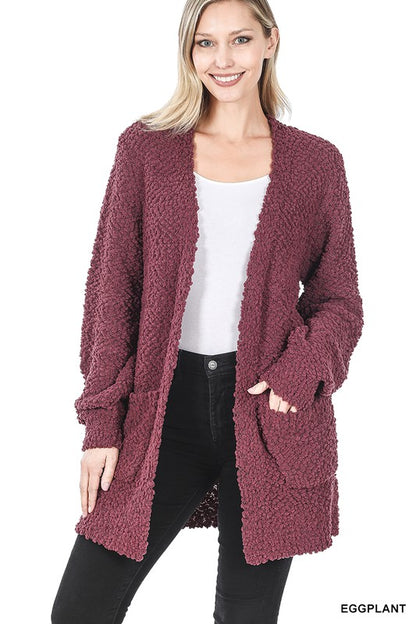 Puff Sleeve Popcorn Cardigan With Pockets