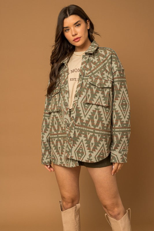 Pocket Aztec Print Shacket