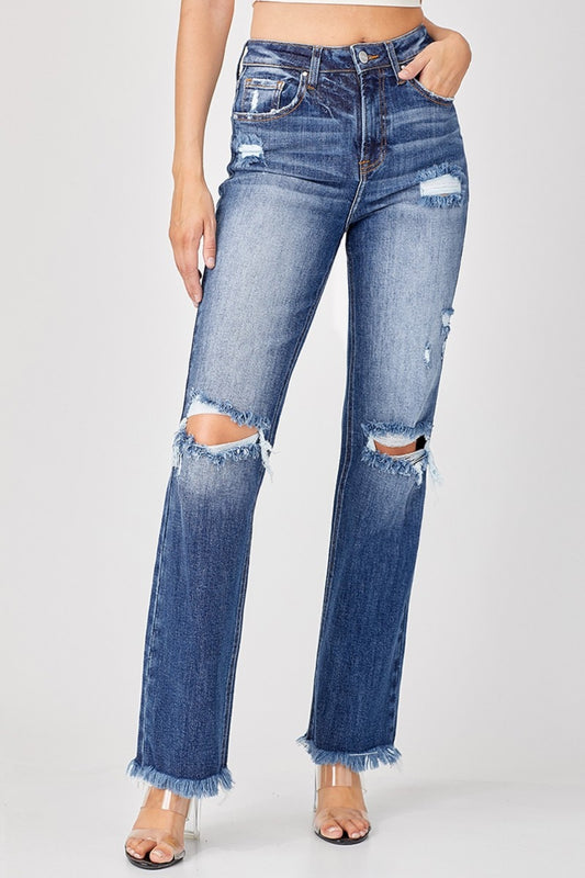 Risen Raw Hem Distressed Straight Jeans - All Sizes