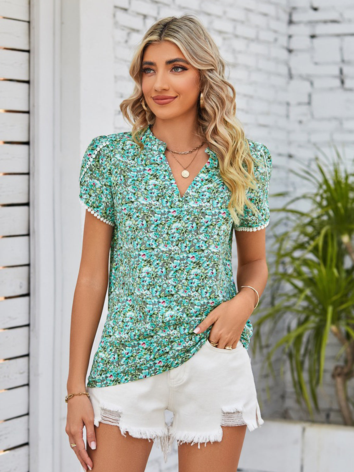 Double Take Floral Notched Neck Blouse - All Sizes