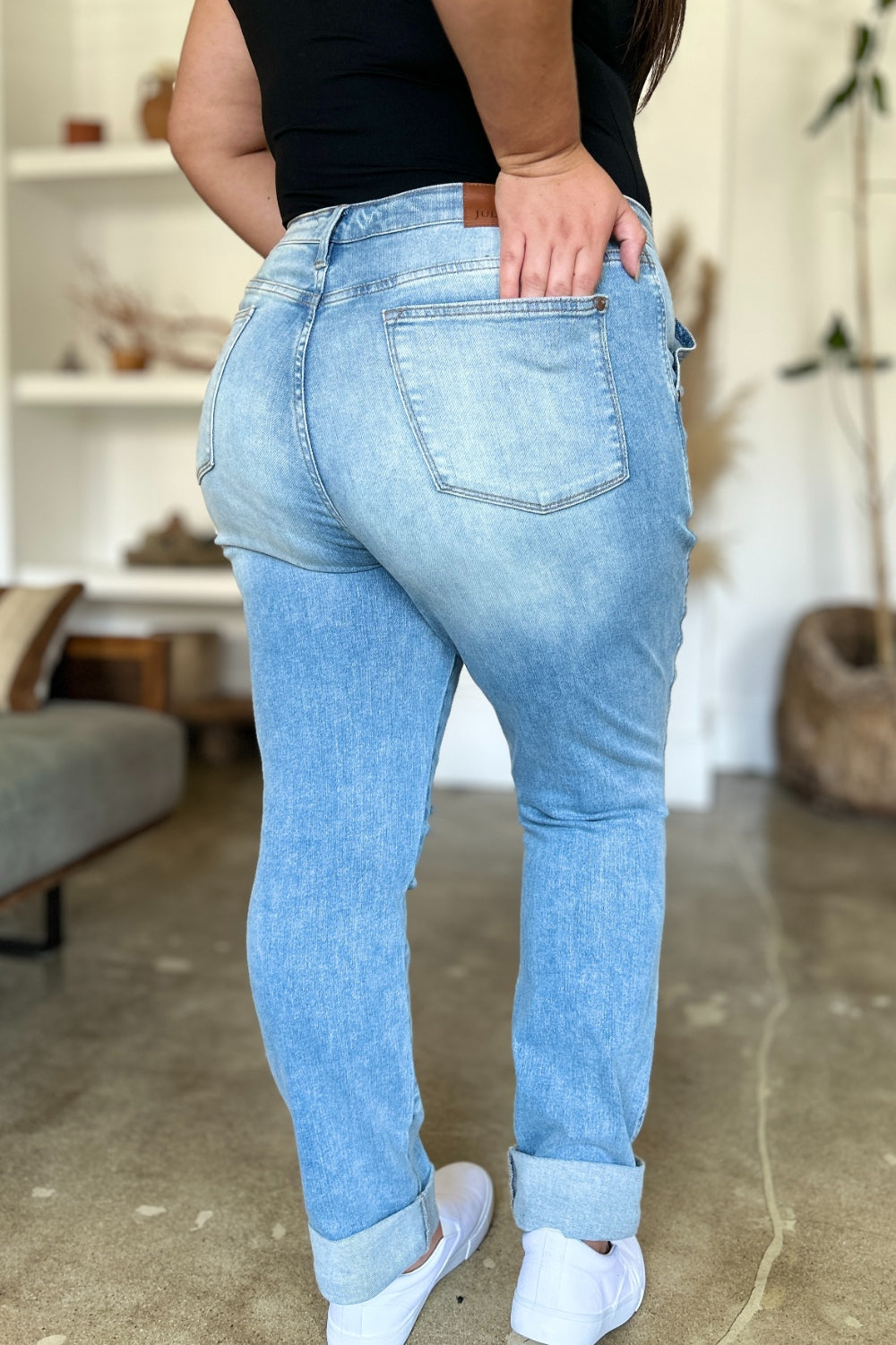 Judy Blue Distressed Straight Jeans with Patch Pockets