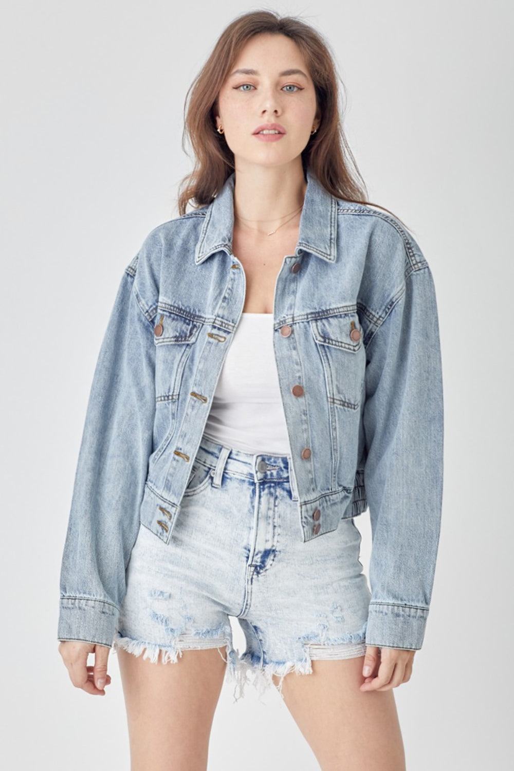 RISEN Button Down Cropped Denim Jacket - All Sizes