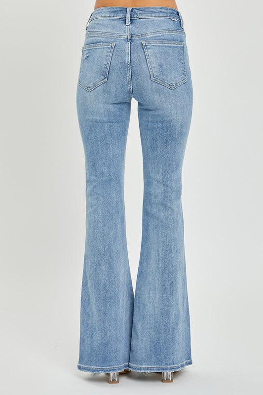 Risen High Rise Frayed Hem Flare Jeans - All Sizes