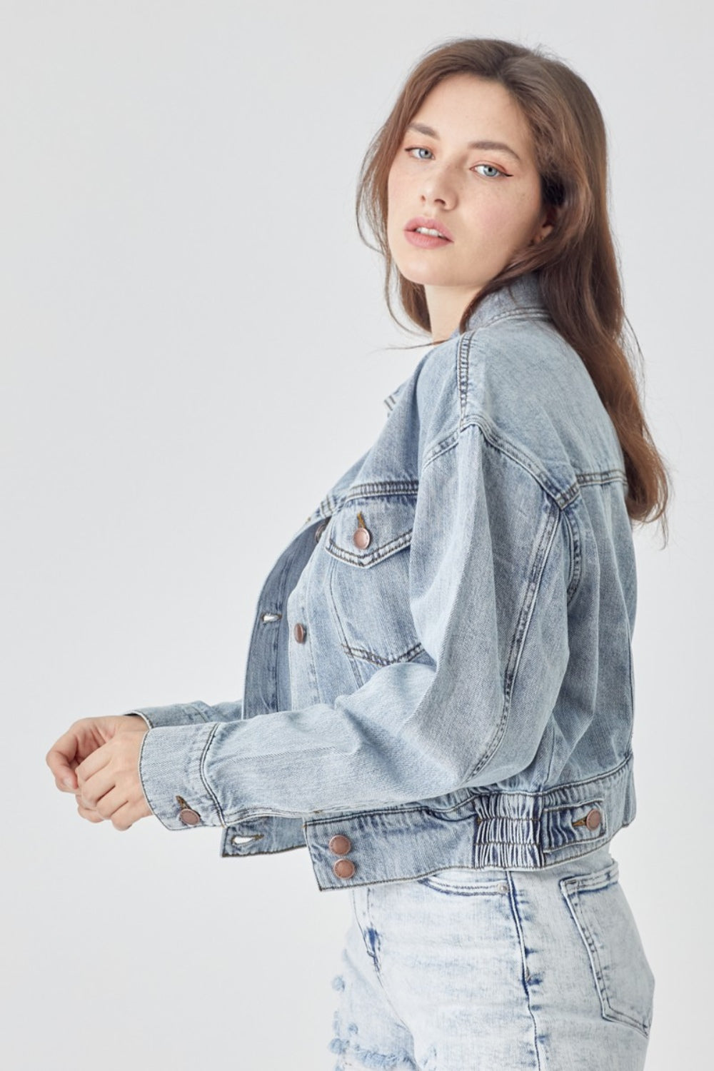 RISEN Button Down Cropped Denim Jacket - All Sizes