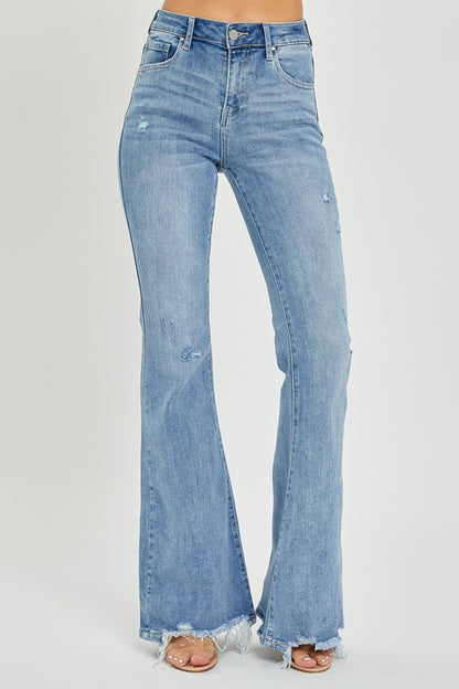 Risen High Rise Frayed Hem Flare Jeans - All Sizes