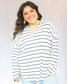 Soft white with black thin horizontal striped long sleeve top with v-neckline, full length 