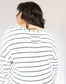 Soft white with black thin horizontal striped long sleeve top with v-neckline, full length 