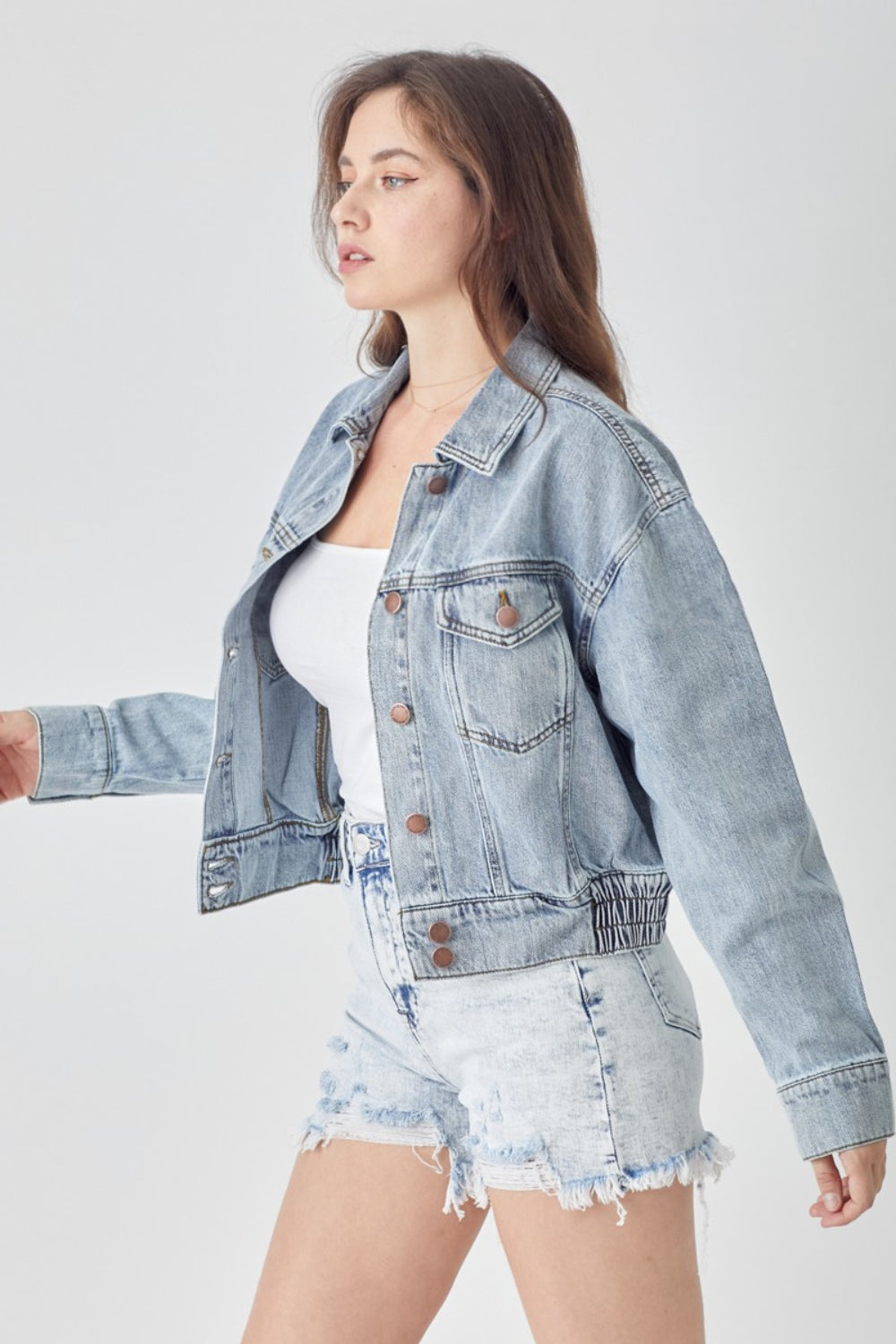 RISEN Button Down Cropped Denim Jacket - All Sizes