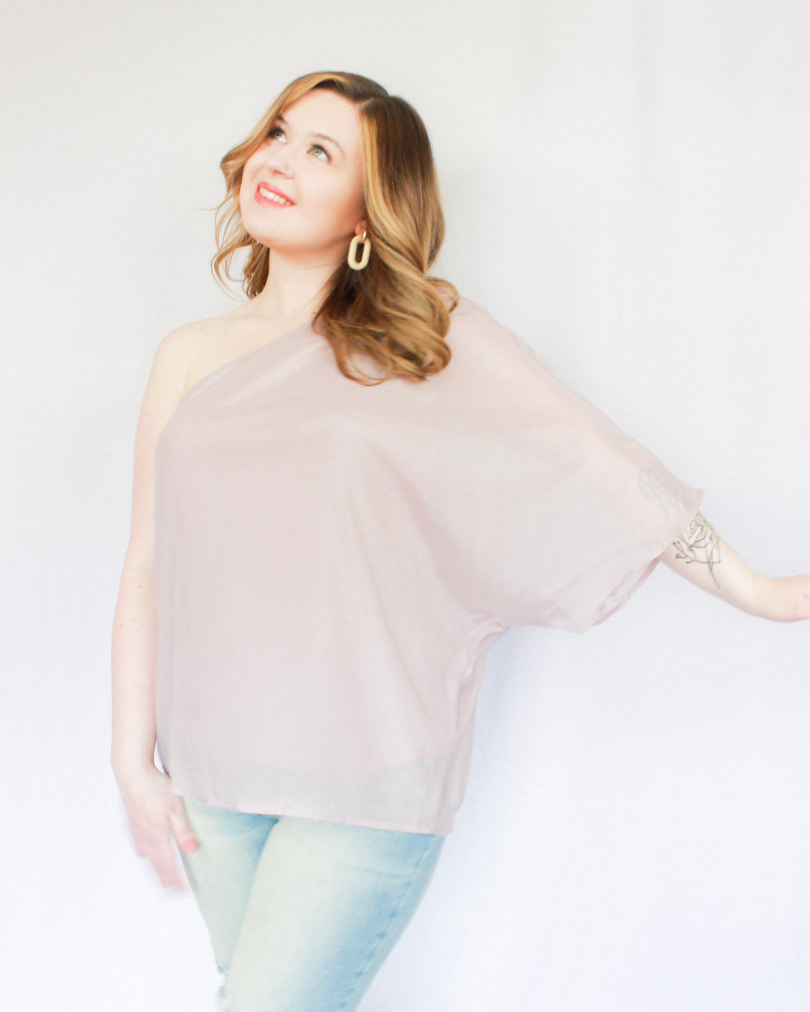 Shimmery lilac purple one-shoulder blouse top flowy design full length top