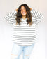 Soft white with black thin horizontal striped long sleeve top with v-neckline, full length 