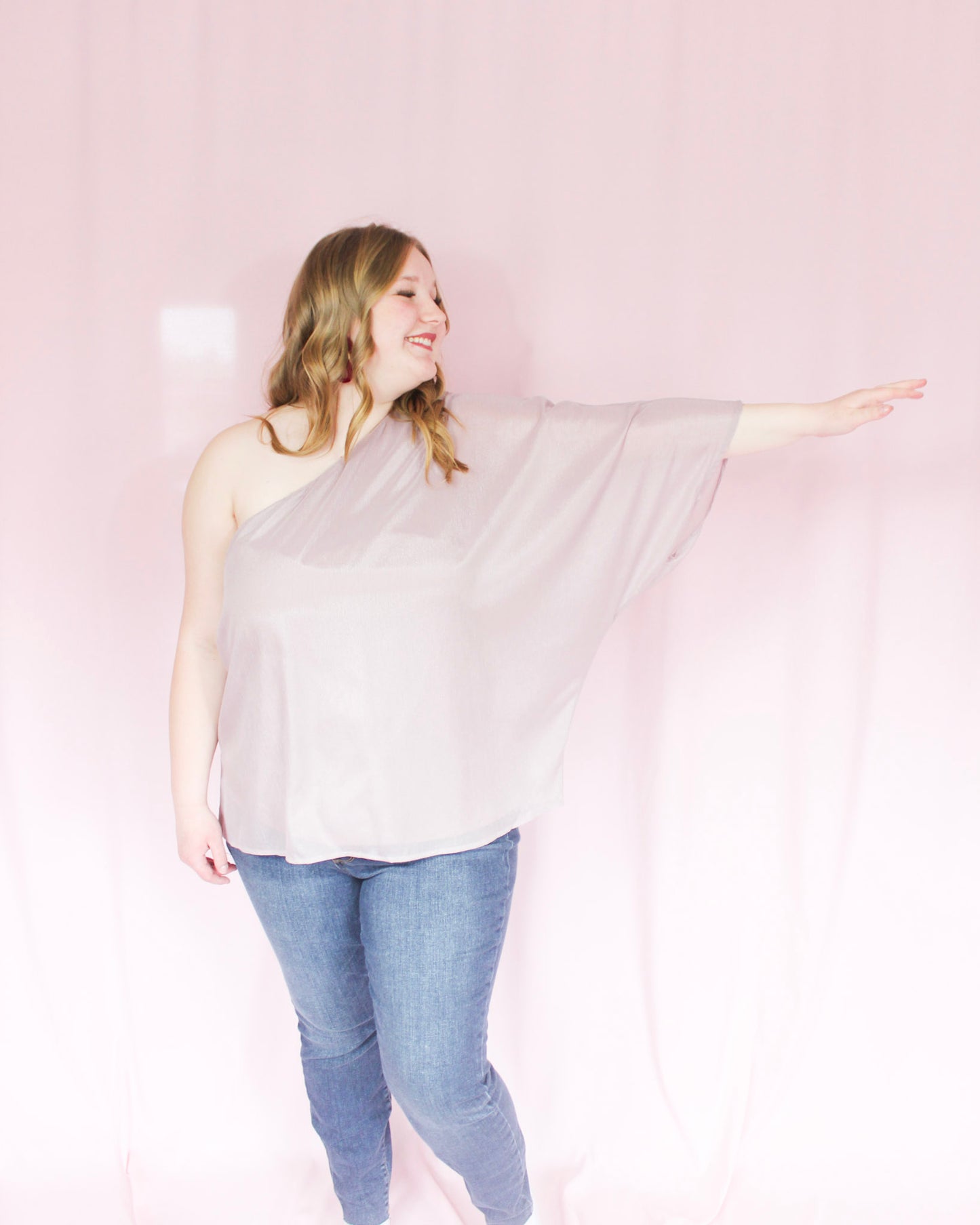 Shimmery lilac purple one-shoulder blouse top flowy design full length top