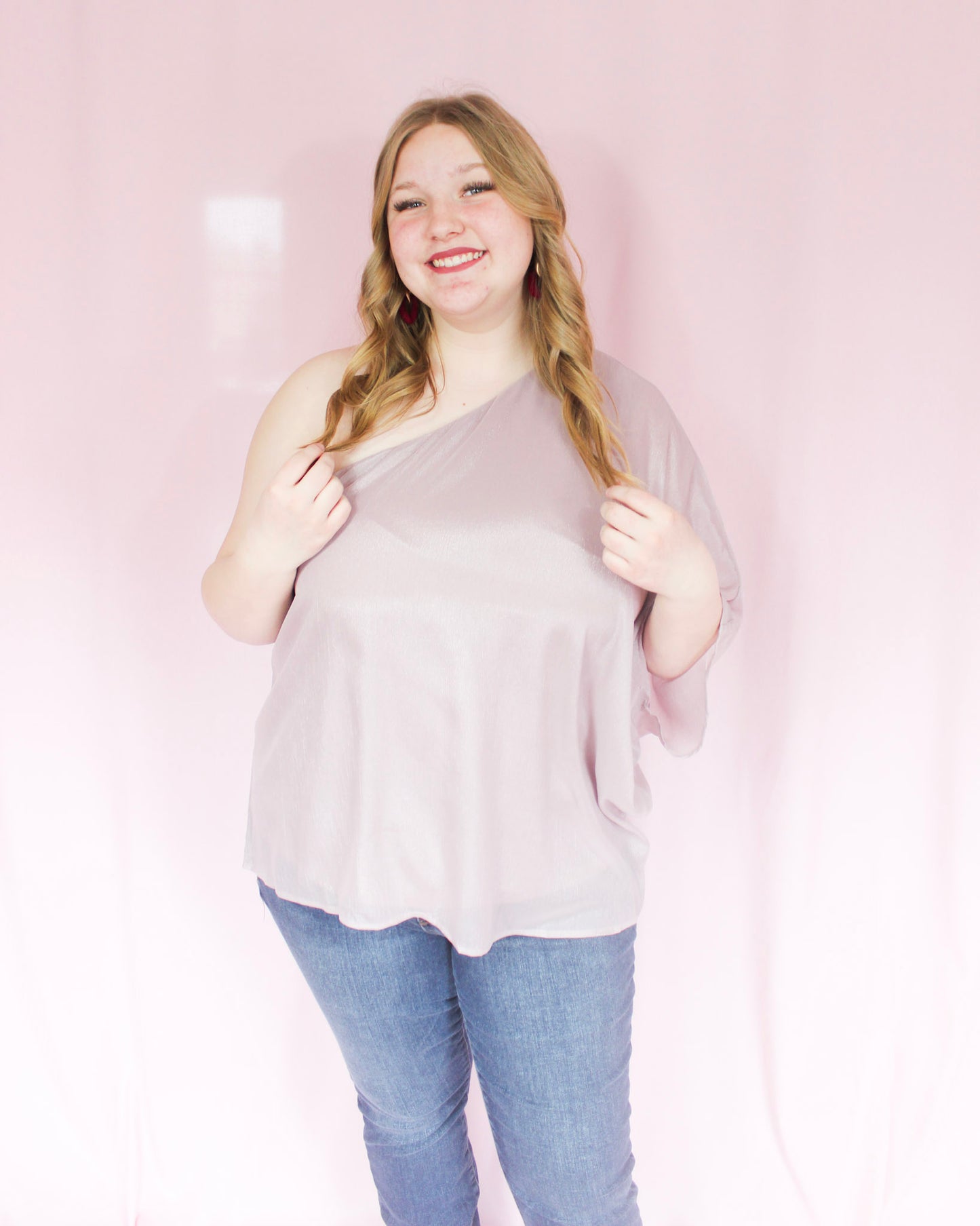 Shimmery lilac purple one-shoulder blouse top flowy design full length top